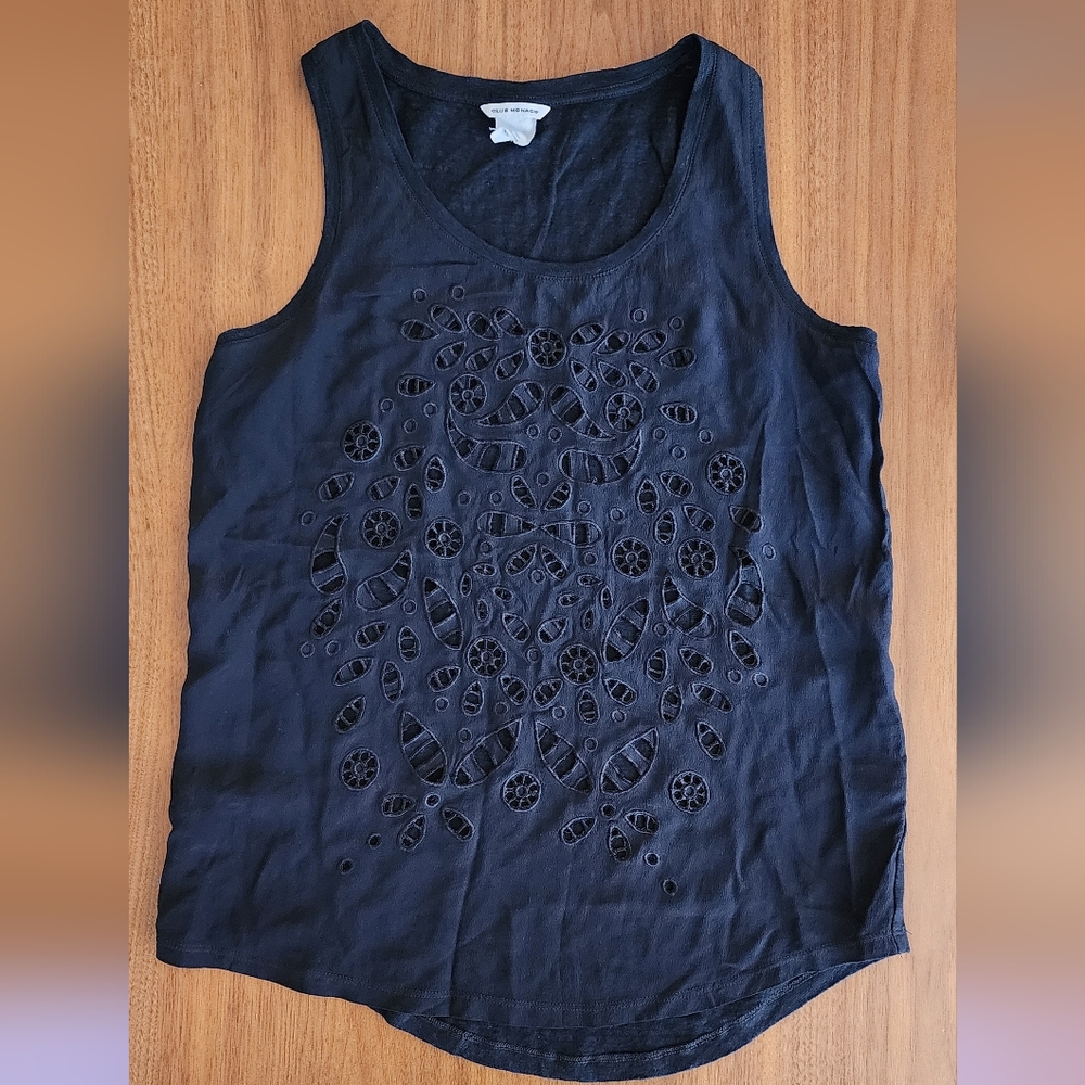 Club Manaco Womens Tank Top Size Small Black Silk Linen Embroidered